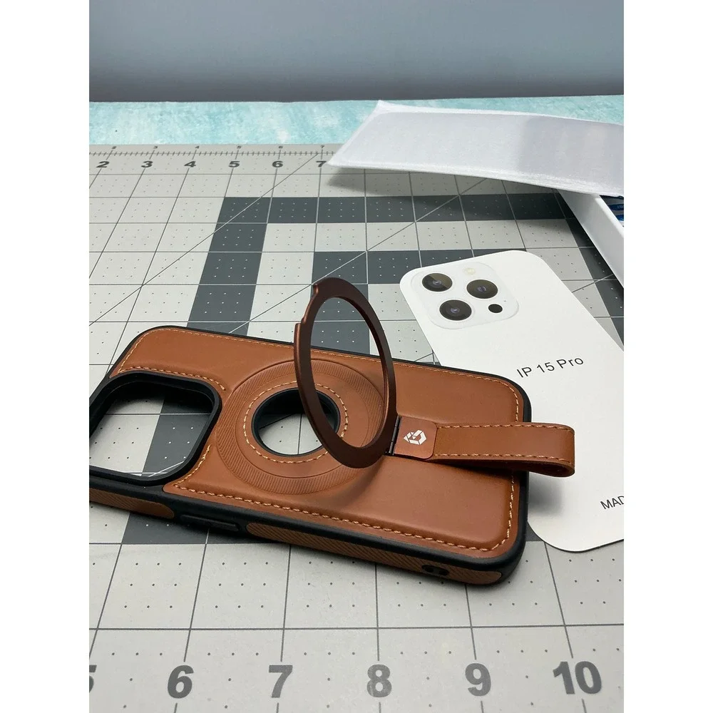 iPhone 15 Pro Brown Leather Case with Ring‎ Stand and Magnetic Mount